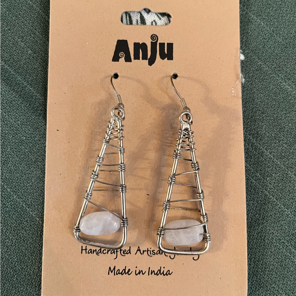 Hand Crafted Wired Natural Stone Triangle Dangle Earrings, Dark Brass, New